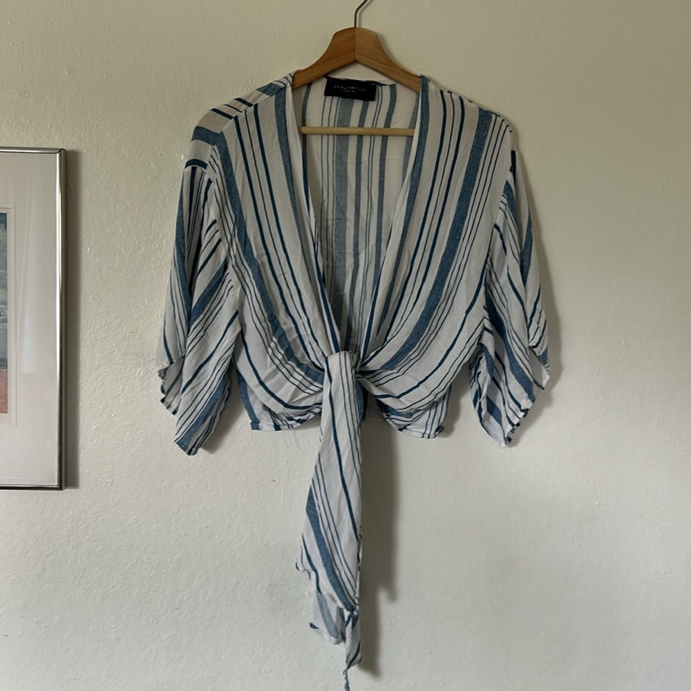 AKIRA White and Blue Striped Tie-Front Crop Top
